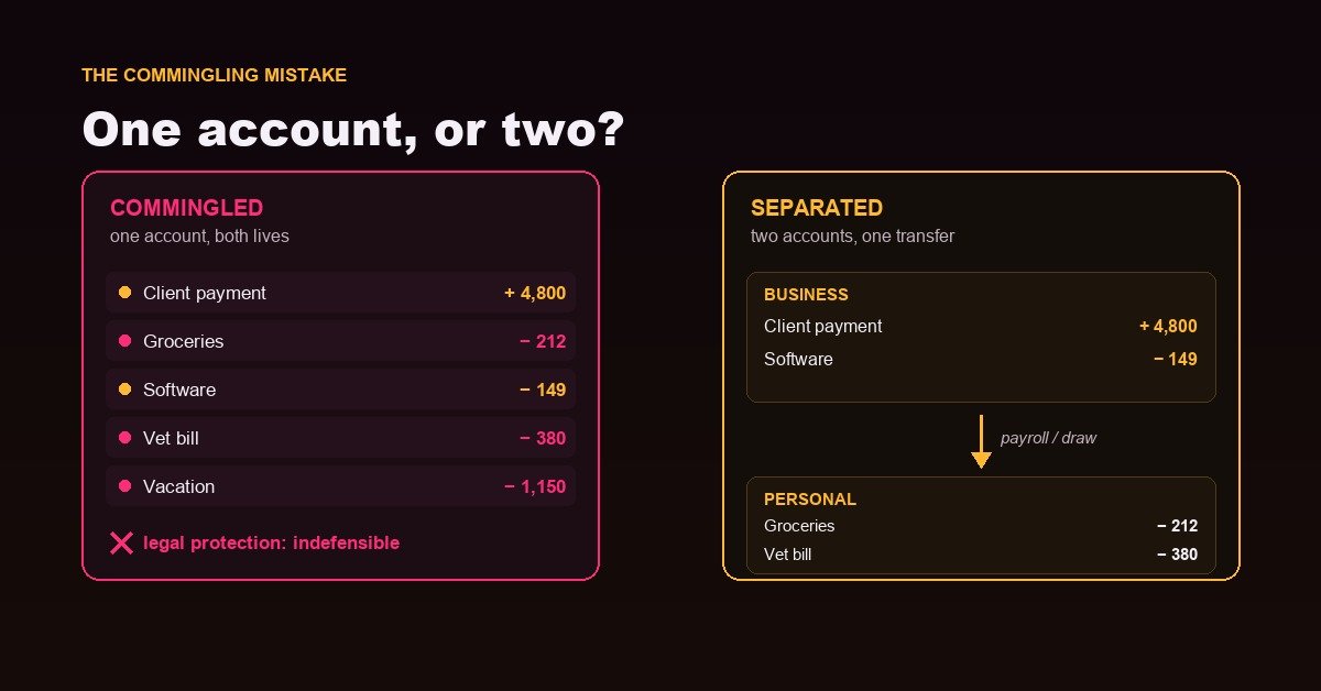 A split bank-account illustration contrasting mixed personal and business transactions with cleanly separated accounts.