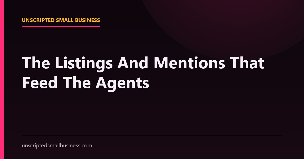 A visibility map showing directory listings, review sites, podcast show notes and news mentions feeding an AI agent.