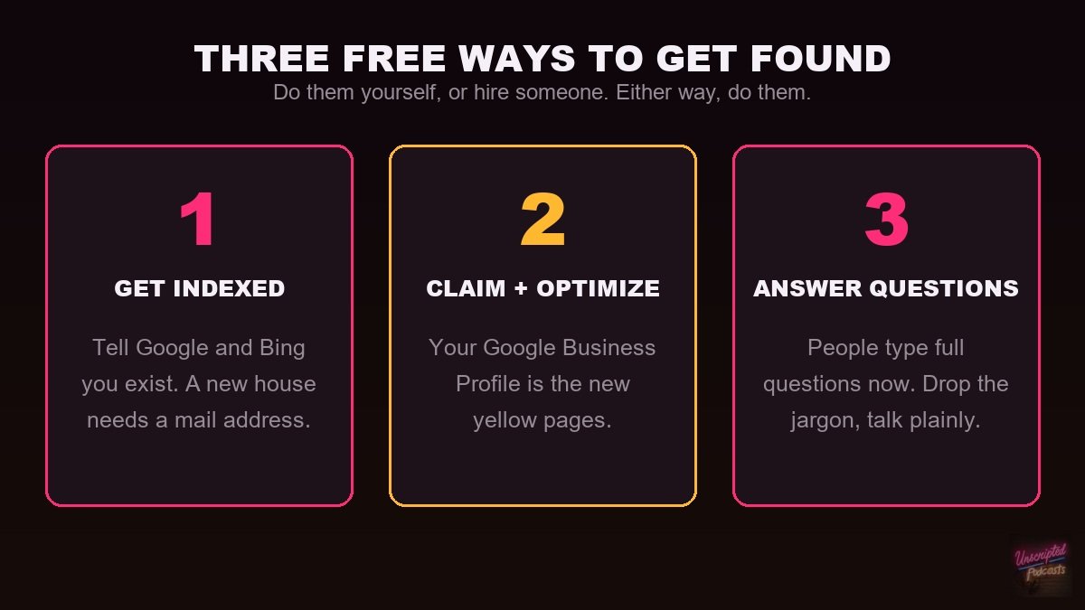 Three free ways to get found: get indexed, claim and optimize your Google Business Profile, answer questions in plain language