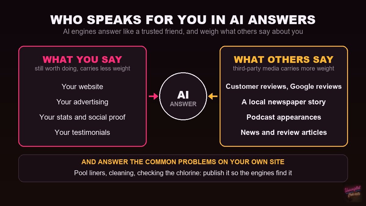 Who speaks for you in AI answers: what you say on your website, ads and testimonials carries less weight than what others say in reviews, local news, podcasts and review articles, plus answer common customer problems on your own site