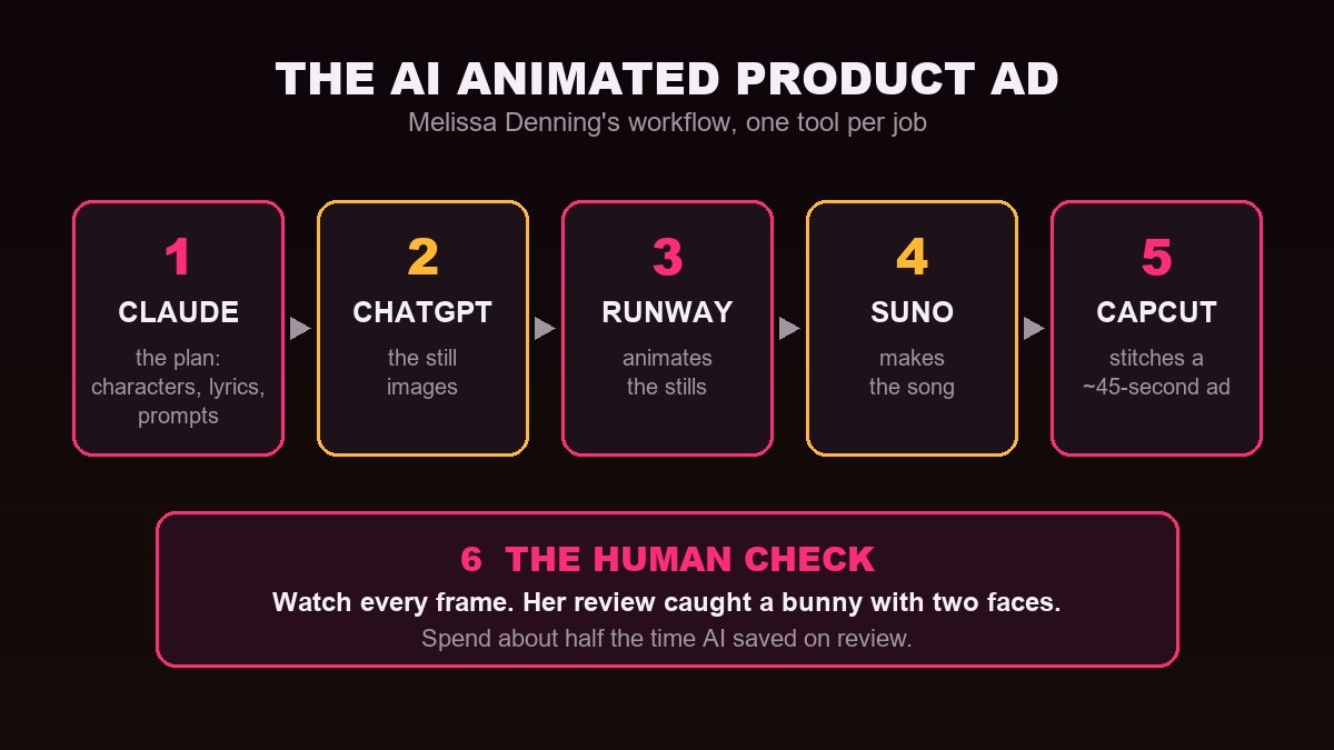 The AI animated product ad workflow: Claude plans, ChatGPT builds stills, Runway animates, Suno makes the song, CapCut stitches the ad, then a human checks every frame